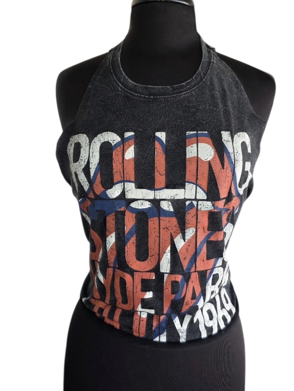 the Rolling Stones Black Cropped Graphic Halter Top Custom Cut Retro Boho Babe